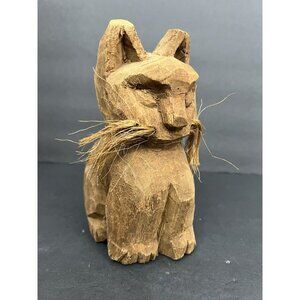 Vintage Rustic Hand Carved Wooden Cat Figurine 7.5" Folk Art Whiskers Primitive